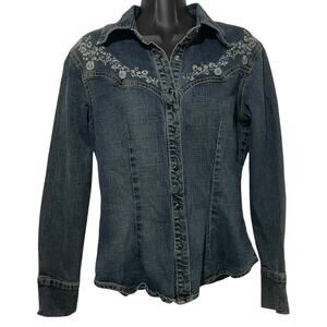 JNCO Womens Denim jean Shirt Size Large Western Cowgirl Snap Button Floral